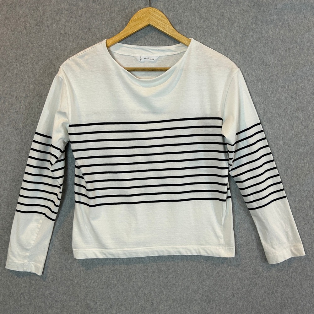 Mango MNG Striped Long Sleeve Tee White Black Casual Top Girls 164cm 13‎ - 14 Y
